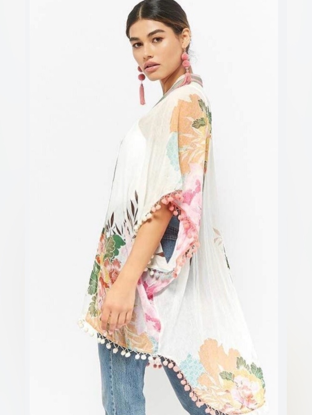Z&L - Lightweight White Floral Swim Coverup Kimono with Pom Pom Trim, Size OS